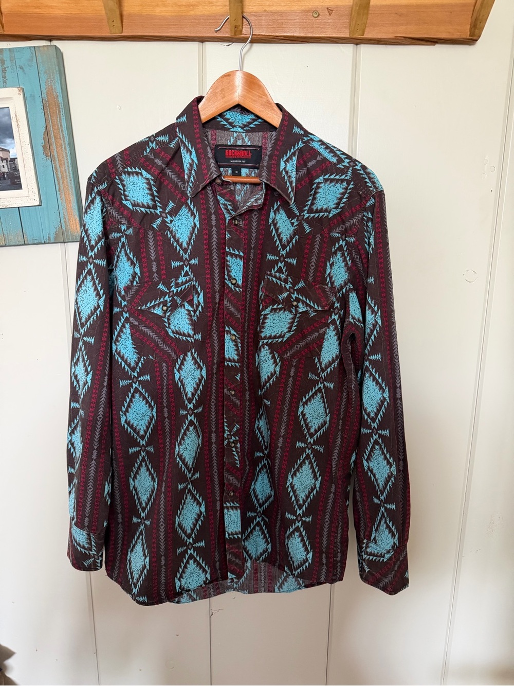 Rock & Roll Denim Western Shirt Mens M Turquoise Burgundy Geometric Pearl Snap